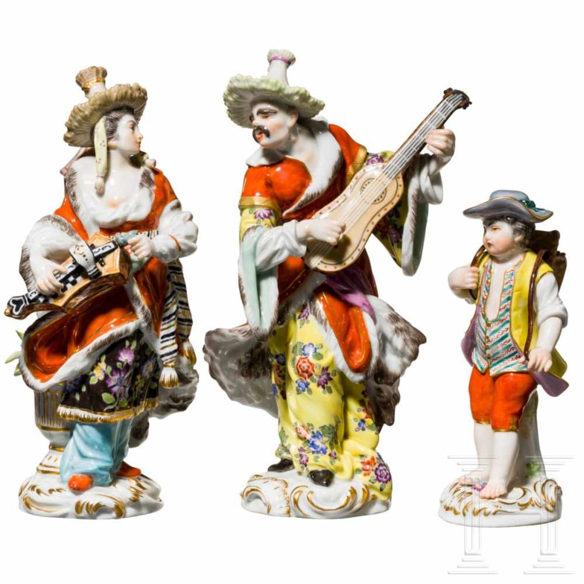 Three figures of the porcelain manufactory Meissen, 20th centuryFarbiges, glasiertes Porzellan,
