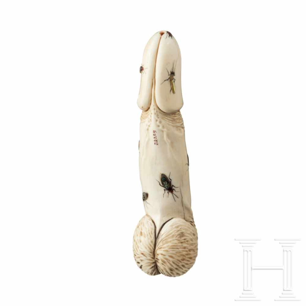 A signed Japanese ivory Shibayama Zaiku in the shape of a phallus inlayed with insects, late-19th