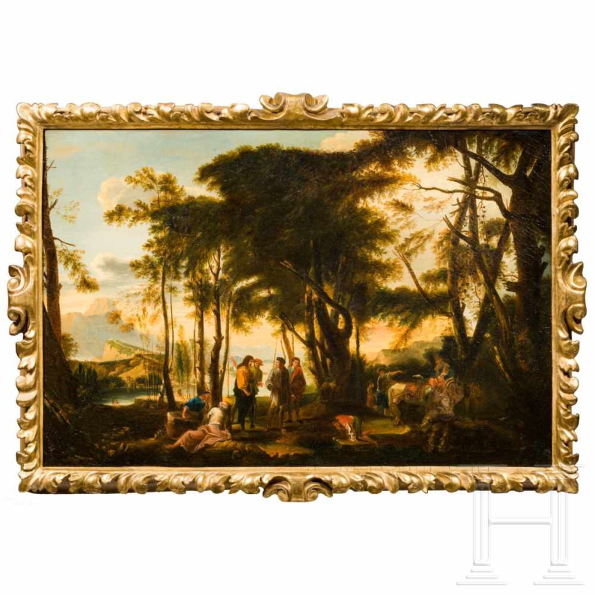 Travellers resting near a well - an Italian oil painting in the manner of Salvator Rossa, 17th