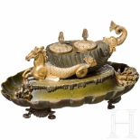 An Italian neoclassical gilded and green patinated bronze inkwell with hippocampus, ca.