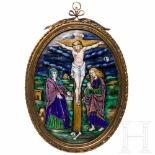 A large painted and enamelled French Limoge-plaque depicting the crucifixion, 17th