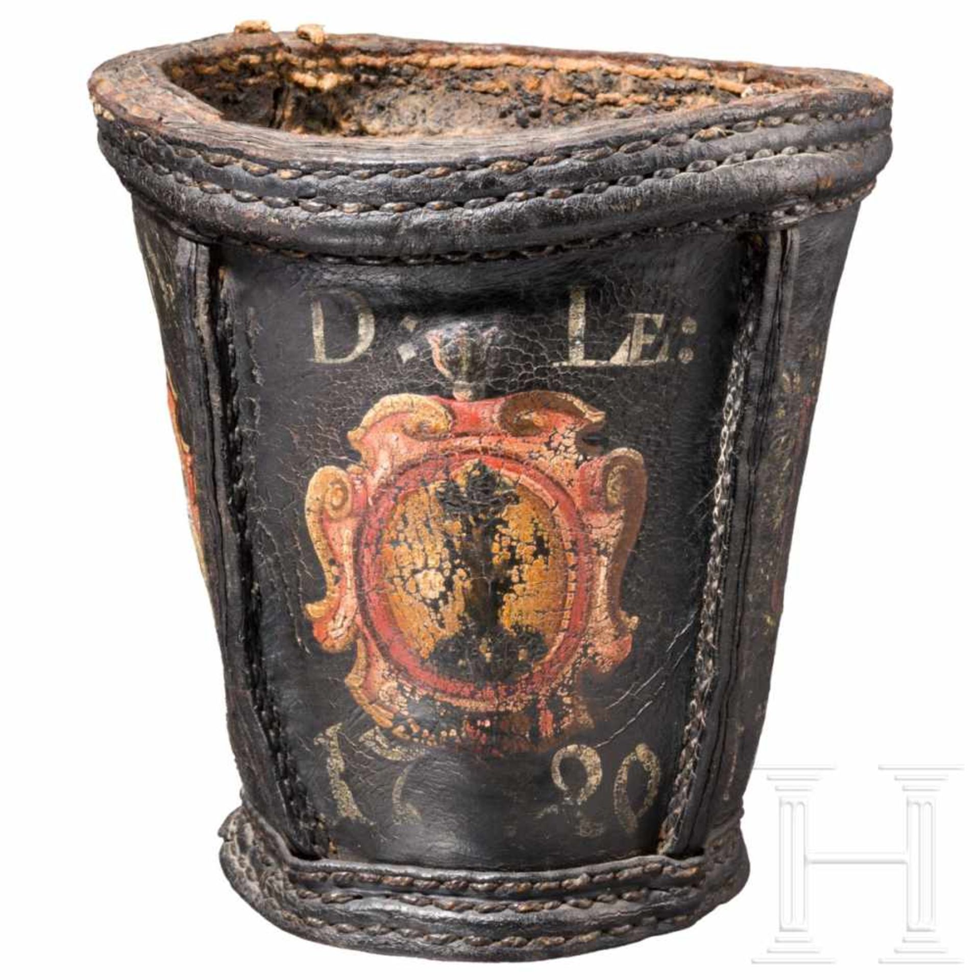 A leather fire bucket of a blacksmith guild, dated 1700Mehrteilig aus schwerem Leder genähter, - Bild 2 aus 3