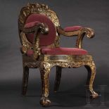 An unusual Chinese, throne-like armchair, Qing dynasty, 18th centuryThe free-standing, finely carved