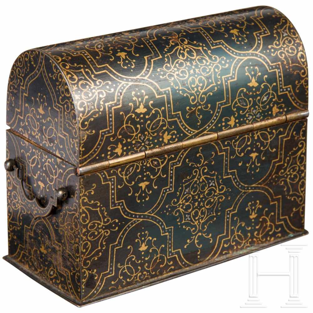 A fine darkly patinated and gold-painted Indian iron casket in the shape of a chest, 19th - Image 2 of 3