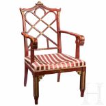 A rare armchair in chinoise style, probably Berlin, circa 1920Carved wood, painted red, partly