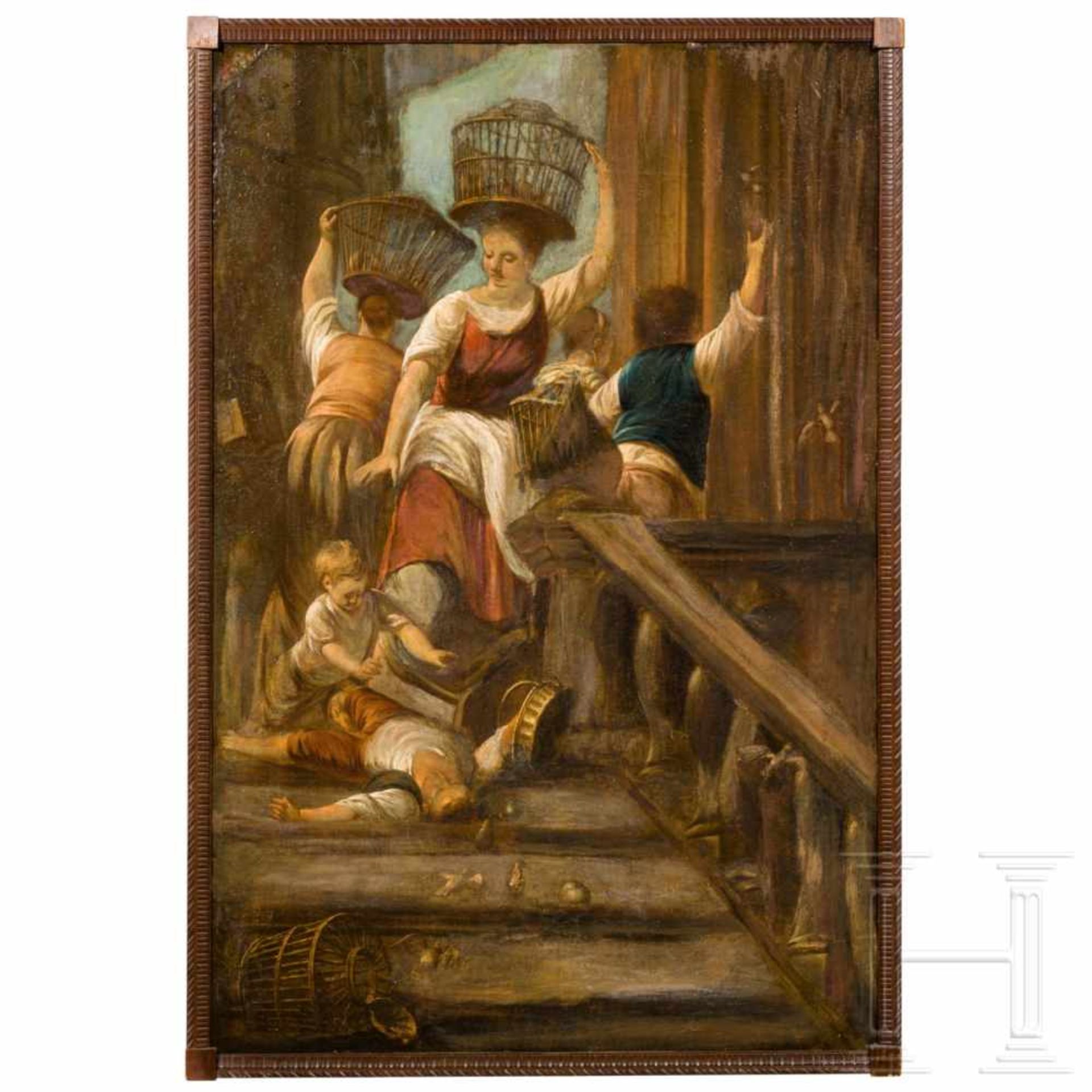 A Flemish/Italian oil painting of bird dealers on a staircase, circa 1700/20Öl auf Leinwand.