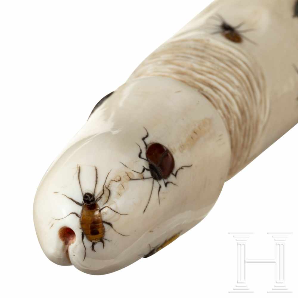 A signed Japanese ivory Shibayama Zaiku in the shape of a phallus inlayed with insects, late-19th - Image 4 of 4