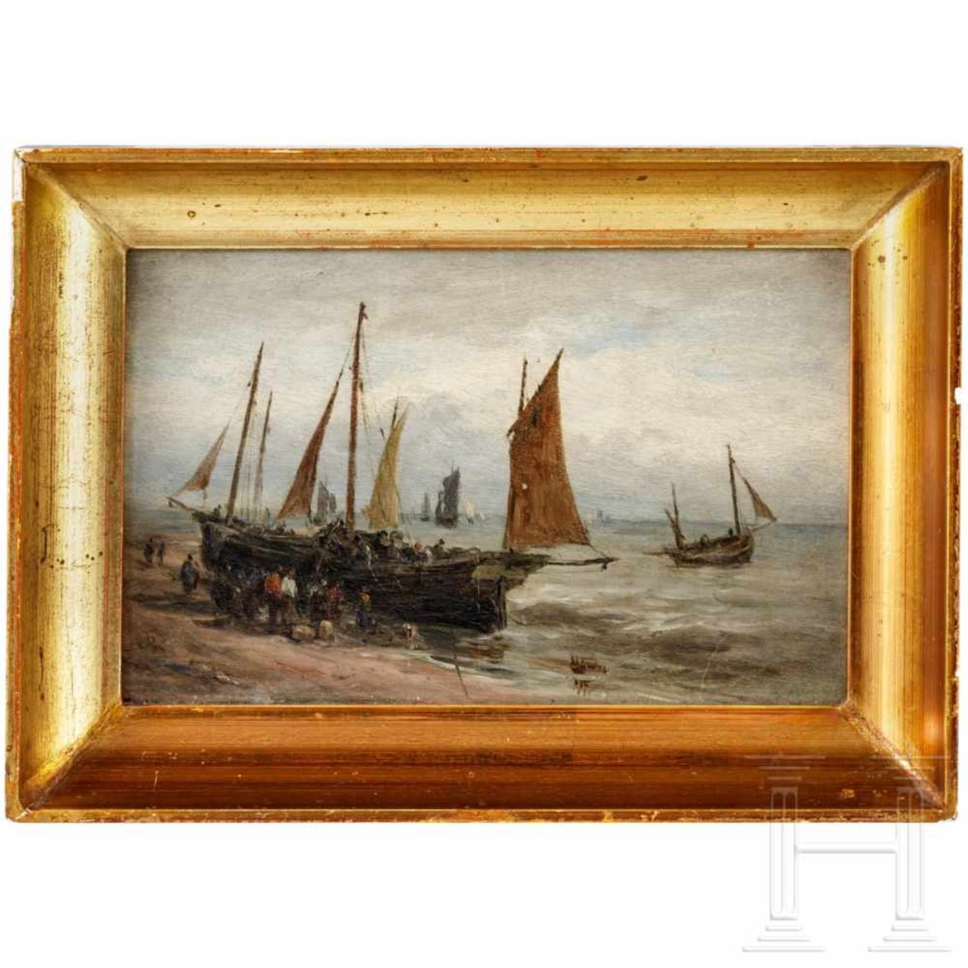 "Fischerboote am Meer" - (attrib.) Paul Jean Clays (1819 - 1900)Öl auf Karton. Strandszene mit