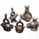 Five black glazed Peruvian Chimú vessels, 1250 - 1470A black shaman head vessel with animal