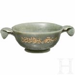 An Indian gold and diamond-studded jade receptacle, 20th centuryOval bowl in greyish-green jade with