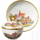 Porcelain cup with lid and saucer, finely painted cityscapes with people, Meissen, probably around