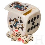 An English dice-shaped box with six dice, early 19th centuryFein bemaltes Elfenbein in Würfelform