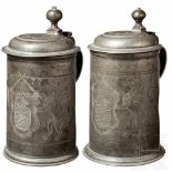 A pair of pewter tankards from the skinner's guild in Brno (today Czech Republic), dated 1777The