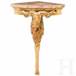 A carved and gilded German neoclassical corner console with the haed of a ram, 19th century Wood