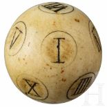 A rare English Baroque ivory teetotum puzzle ball with Roman numbers from I to XII, 18th