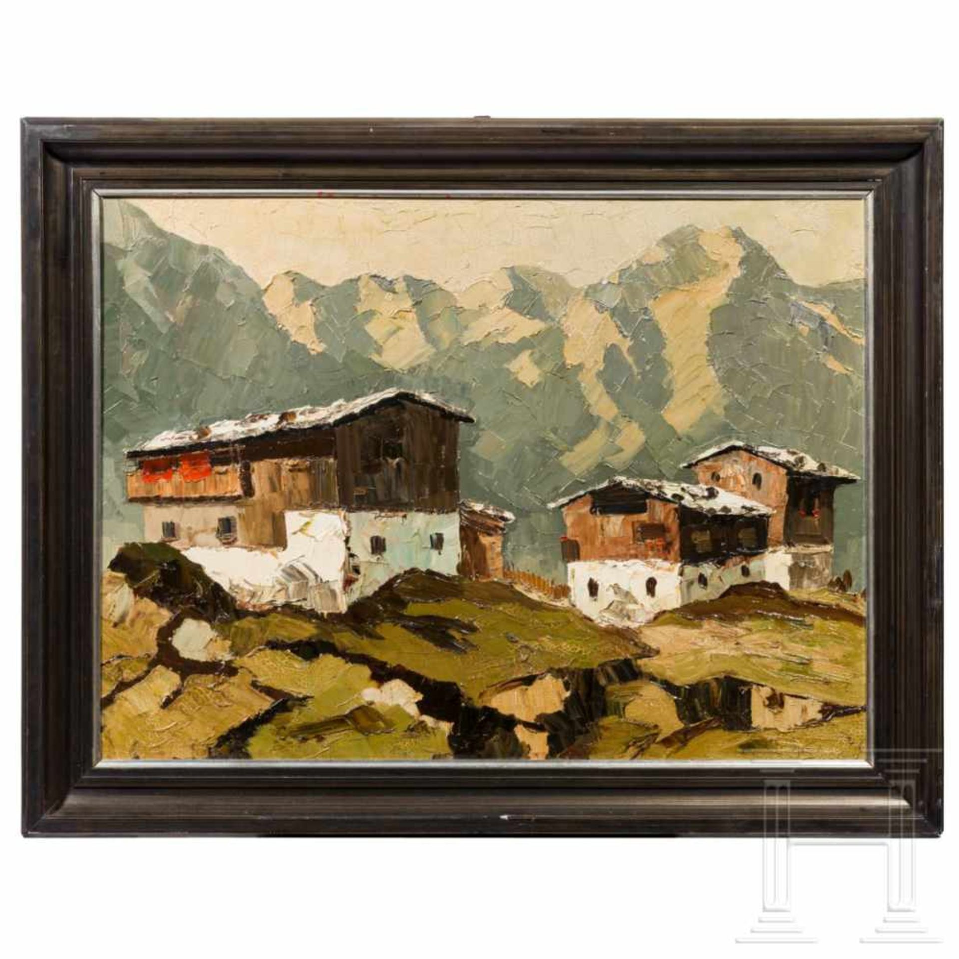 Georg Arnold-Graboné, "Tyrolean farm houses in the mountains"Öl auf Leinwand. In pastoser