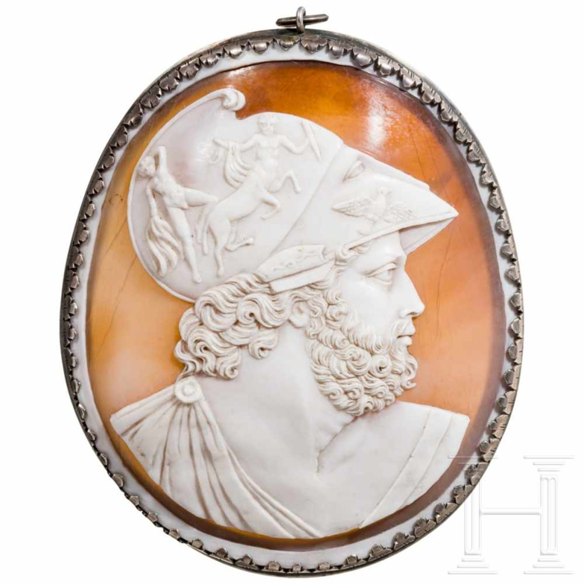 An unusually large Italian classical cameo with a relief of Menelaus, 19th centuryThe large, oval