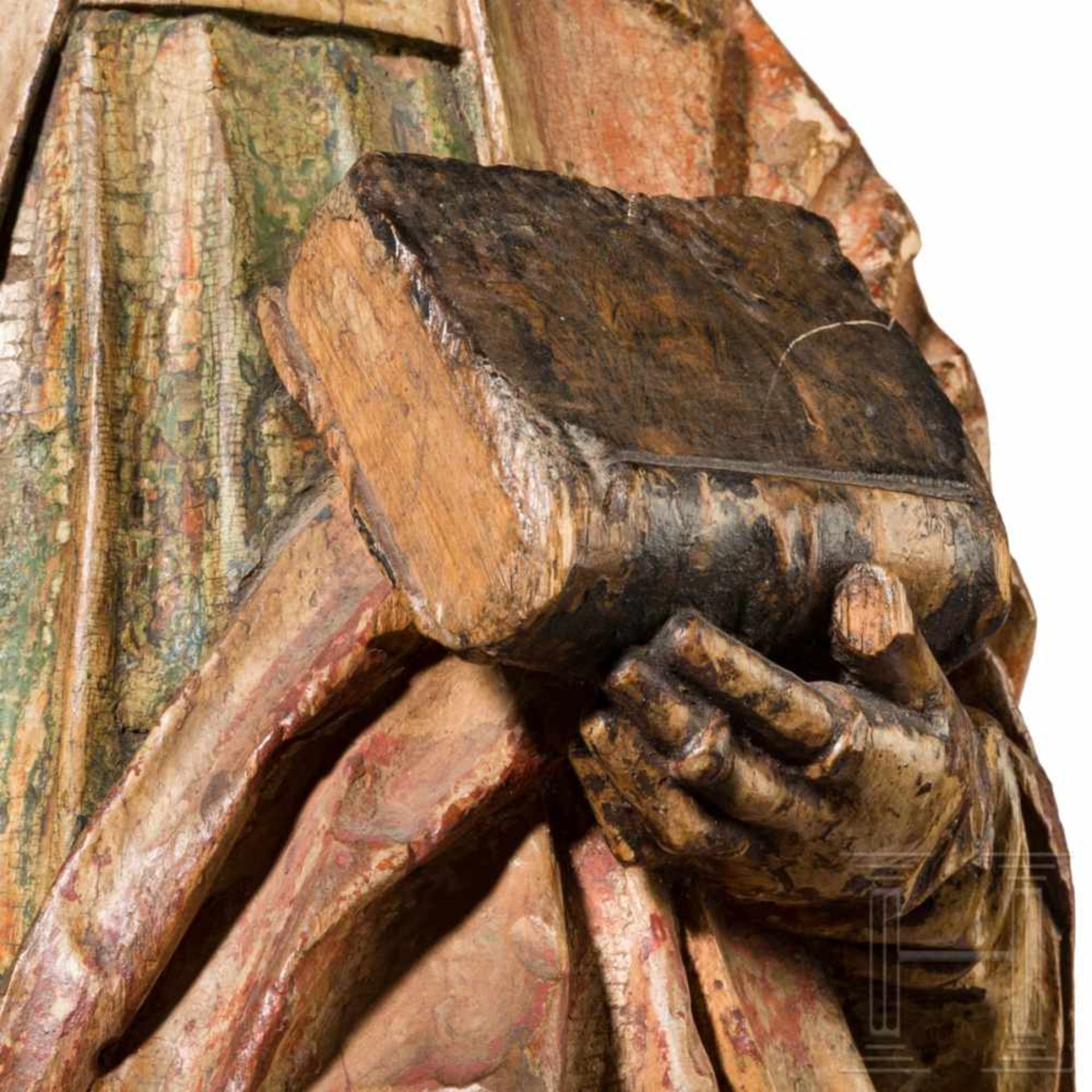 A South German sculpture of a church father, circa 1500The lime wood figure painted in colour and - Bild 4 aus 7