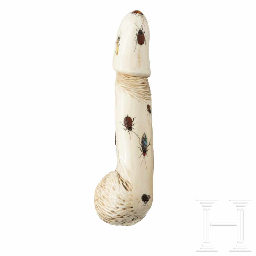 A signed Japanese ivory Shibayama Zaiku in the shape of a phallus inlayed with insects, late-19th - Image 3 of 4