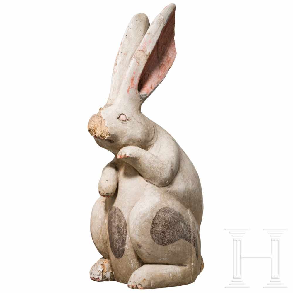 A rare Japanese or Chinese carved and painted wood sulpture of a "moon rabbit", 19th centuryCarved - Image 2 of 3