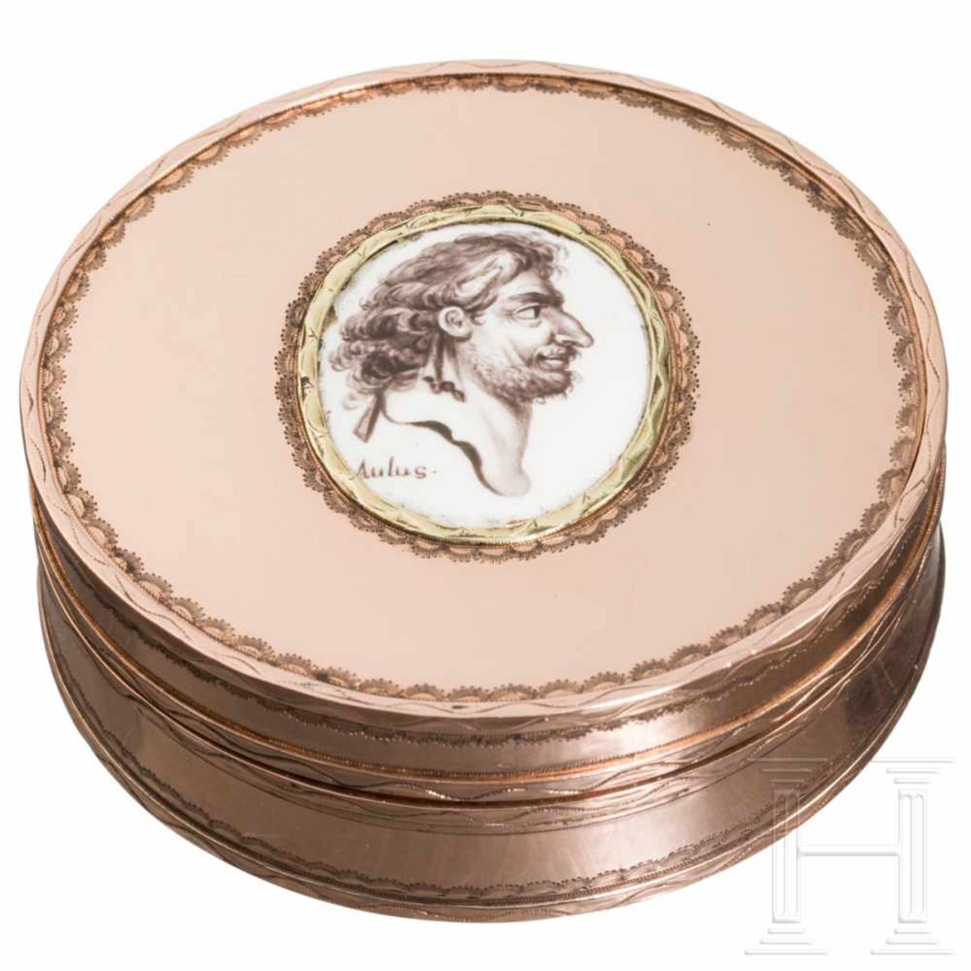 A French courtly pillbox with a portrait of the physician Aulus Cornelius Celsus, 18th century, from