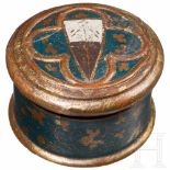 An Italian Renaissance pyx/round wood box with polychromely painted interior and crest, probably