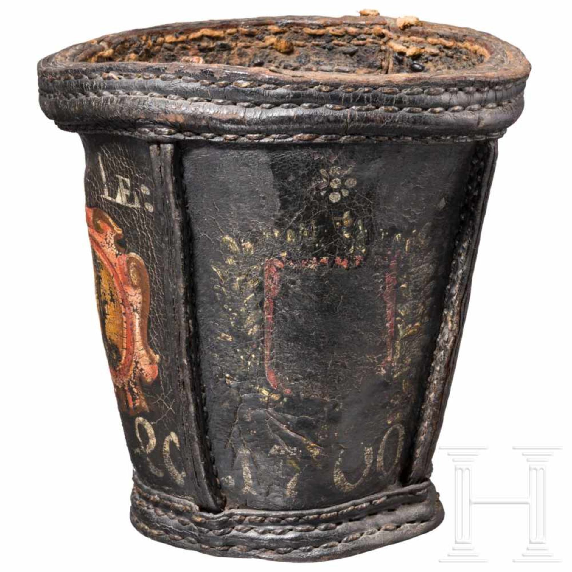 A leather fire bucket of a blacksmith guild, dated 1700Mehrteilig aus schwerem Leder genähter, - Bild 3 aus 3