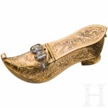A finely gilded, engraved and enamelled French/Parisian copper snuff box in the shape of a shoe by