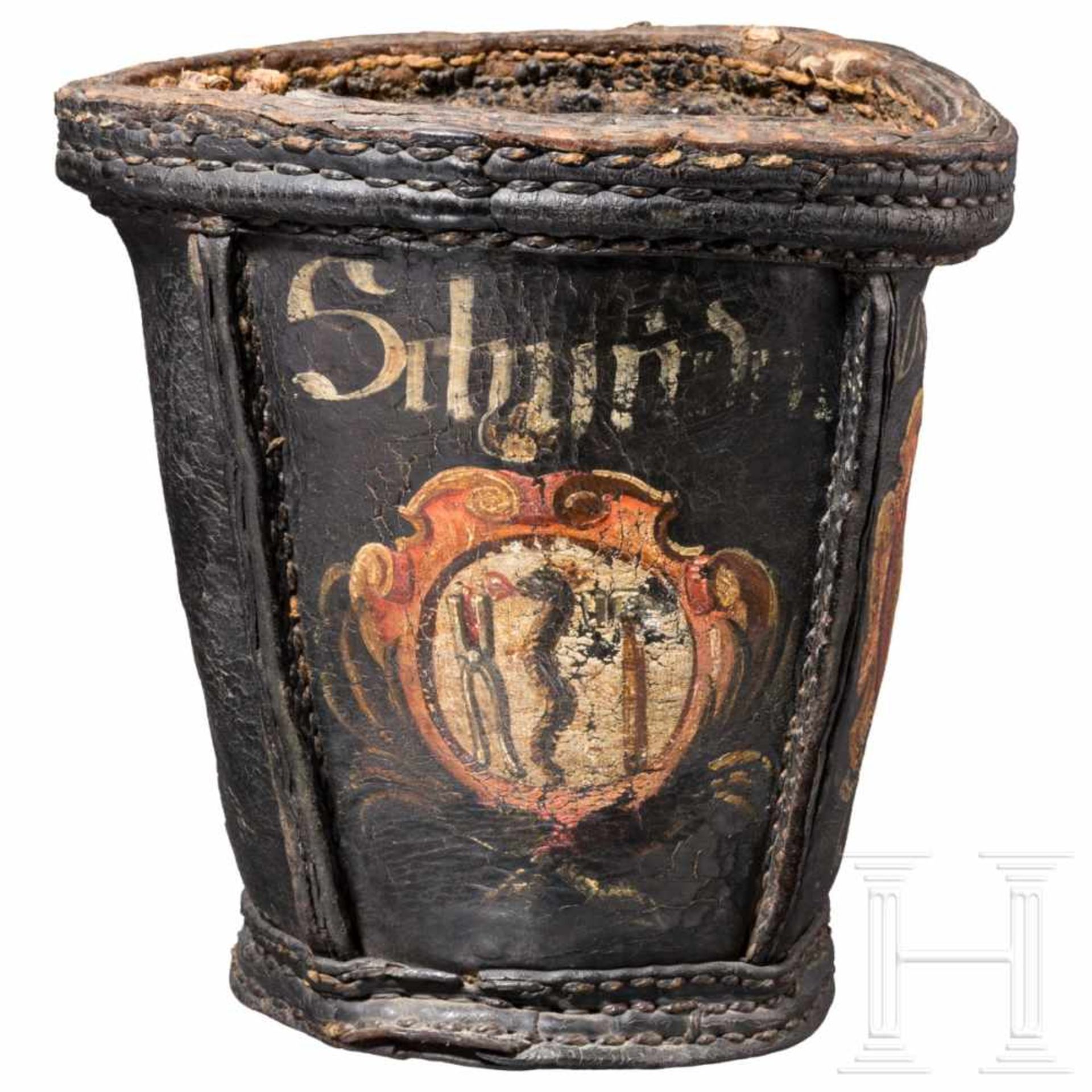 A leather fire bucket of a blacksmith guild, dated 1700Mehrteilig aus schwerem Leder genähter,