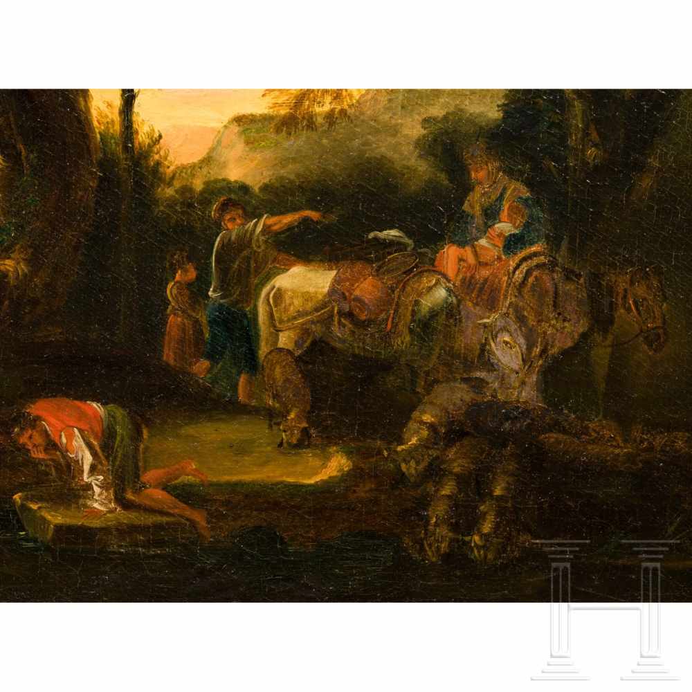 Travellers resting near a well - an Italian oil painting in the manner of Salvator Rossa, 17th - Image 3 of 6