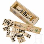 A probably Colonial-Spanish miniature ivory and bone domino game, 19th centurySmall box in bone