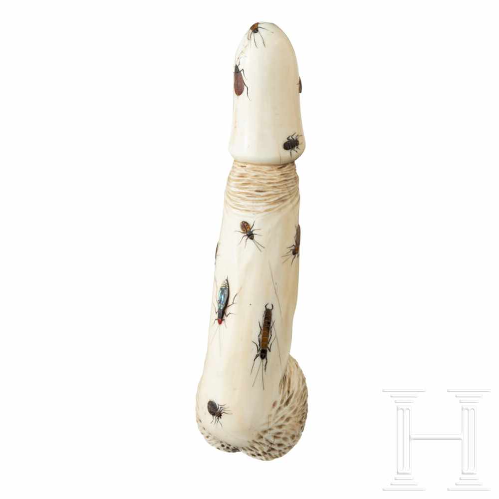 A signed Japanese ivory Shibayama Zaiku in the shape of a phallus inlayed with insects, late-19th - Image 2 of 4