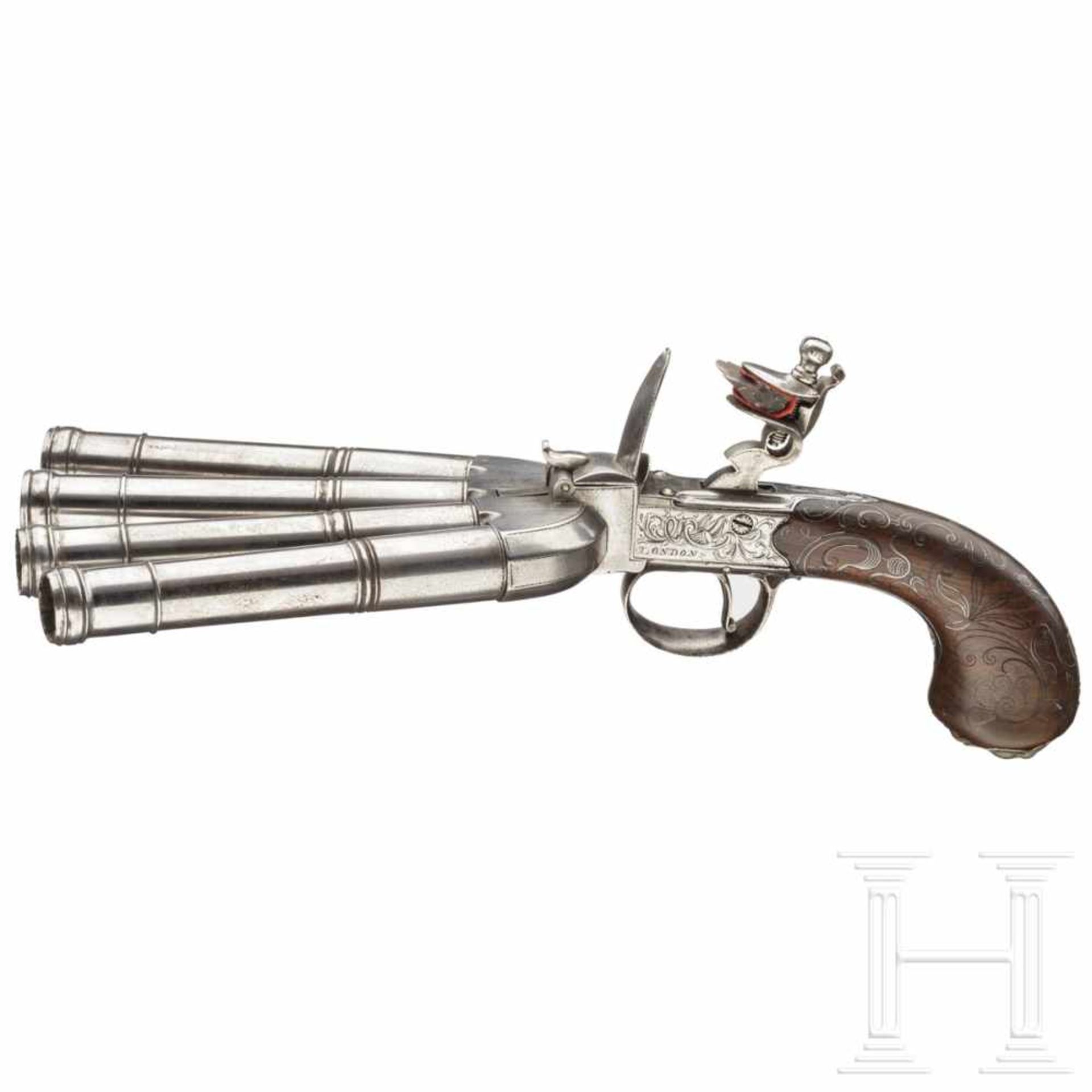 A rare flintlock duck's foot pistol, Stanton of London, circa 1765The four round, turn-off barrels - Bild 2 aus 5