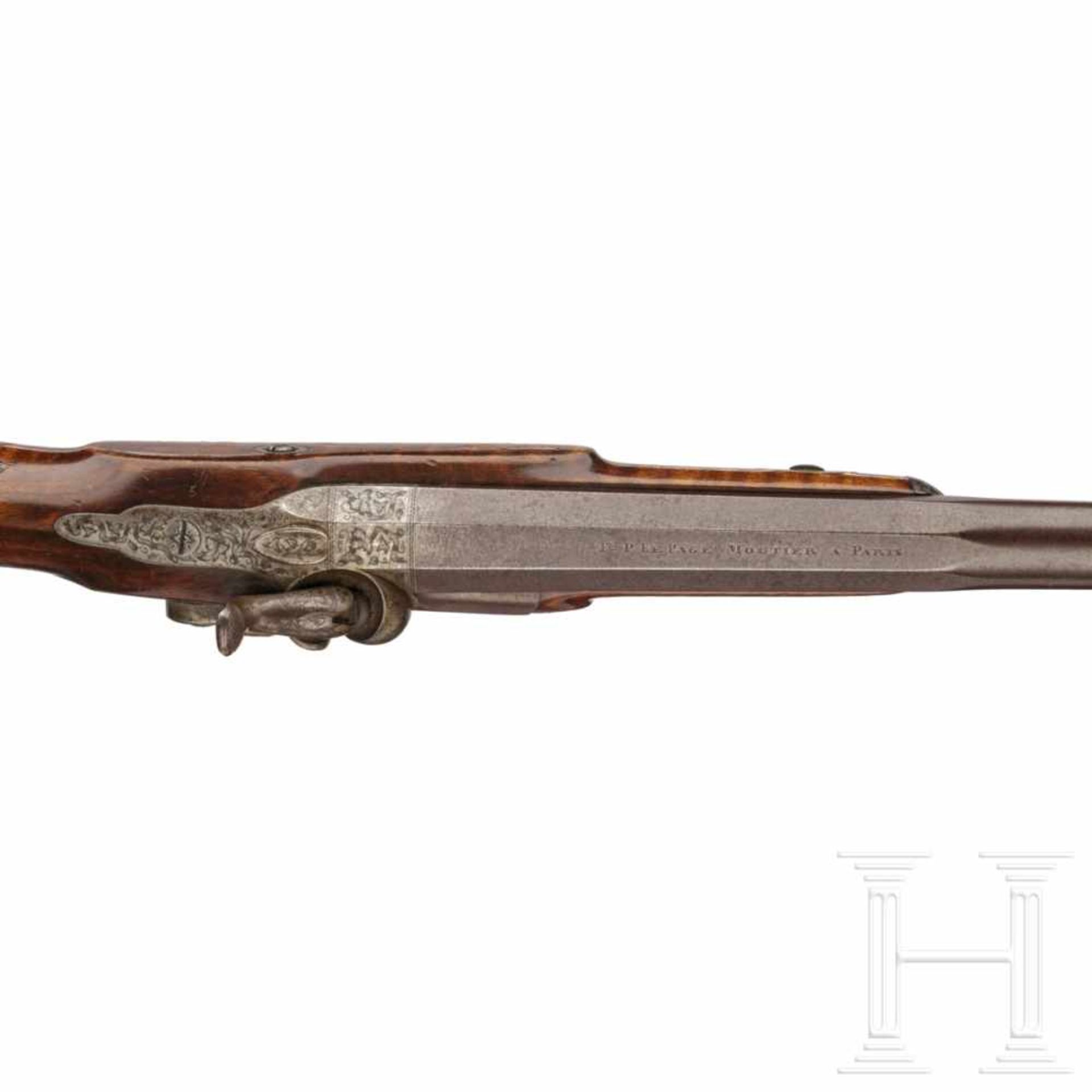 A French percussion pistol-carbine, circa 1850Oktagonaler, in rund übergehender Lauf mit feinen - Bild 4 aus 5