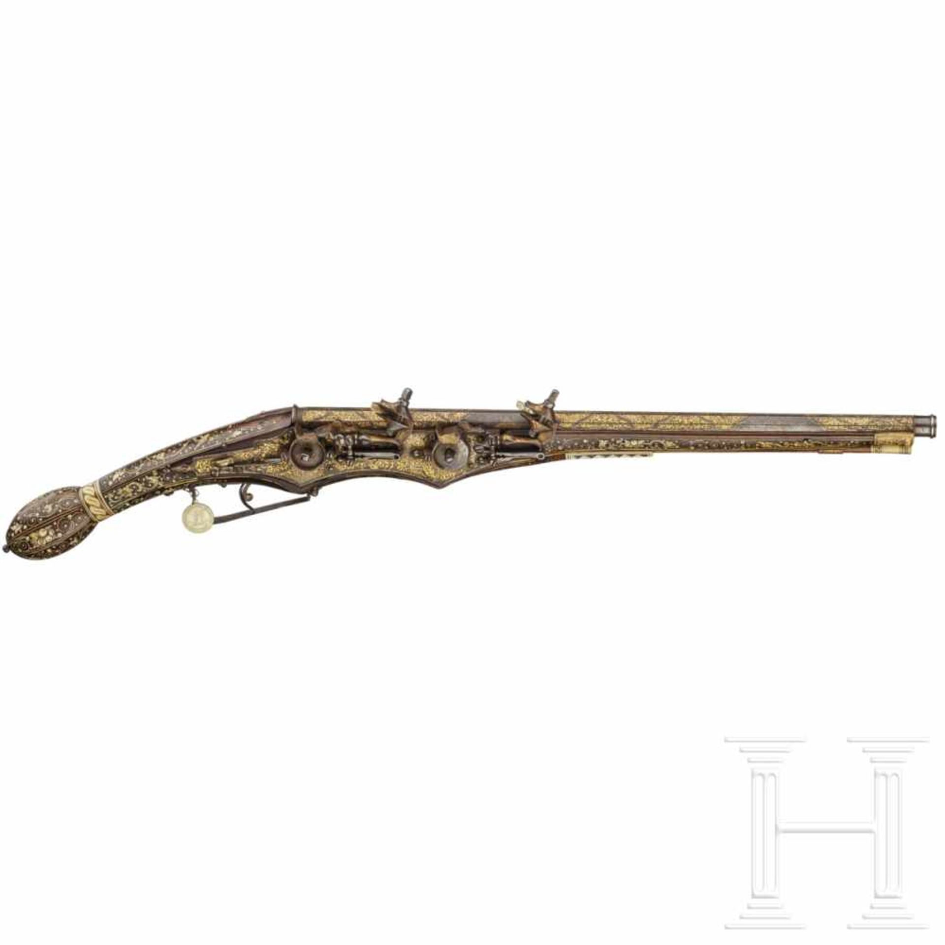 A rare, South German wheellock pistol for two superimposed loads, with inlays in gold and bone, - Bild 2 aus 11