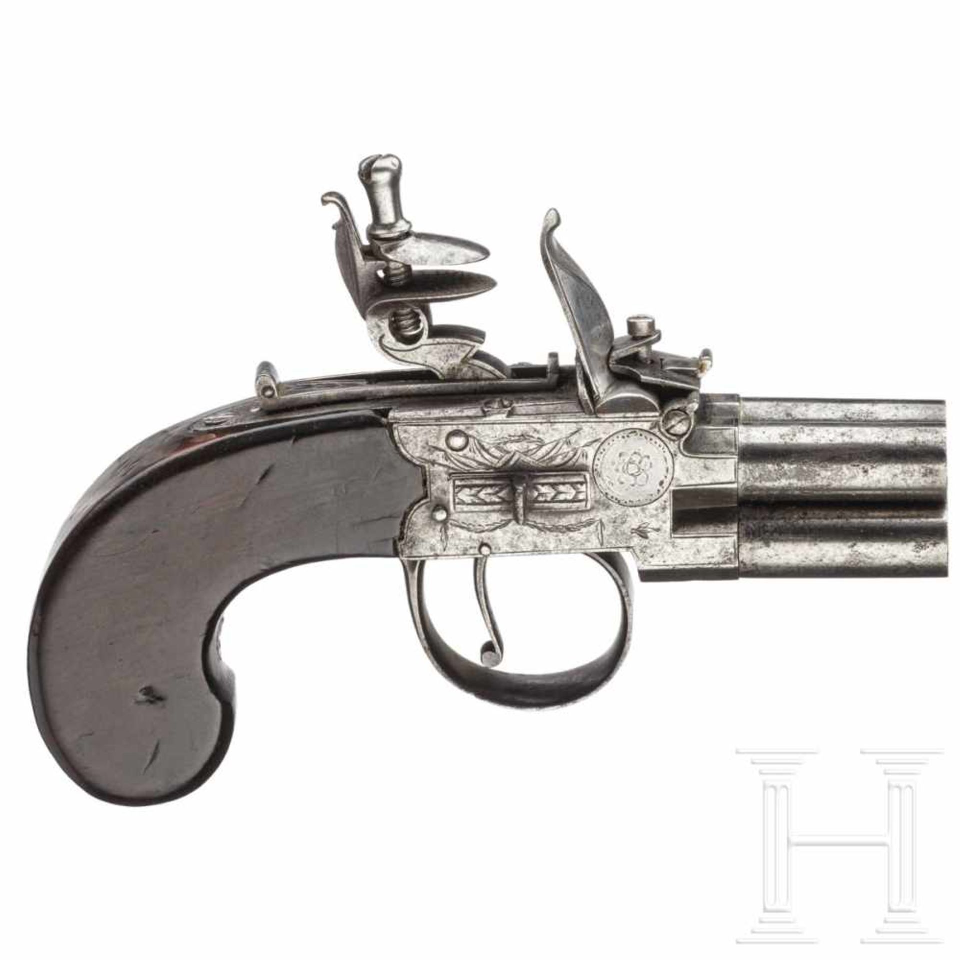 An English four-barreled box-lock pistol, circa 1800Four turn-off barrels in calibre 7 mm. Flintlock