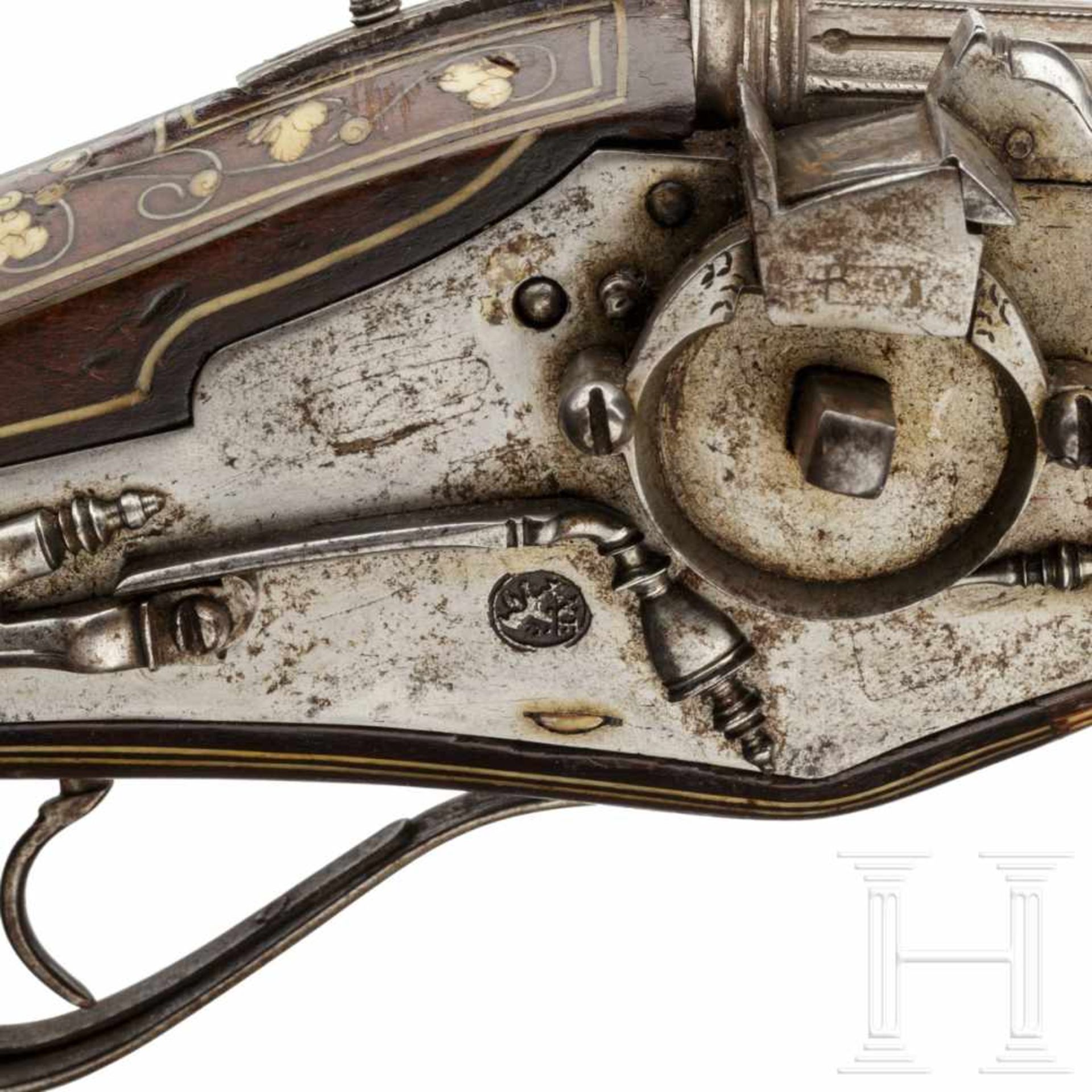 A pair of bone-inlaid, extremely long wheellock pistols, Nuremberg, circa 1600The long, round, - Bild 7 aus 9