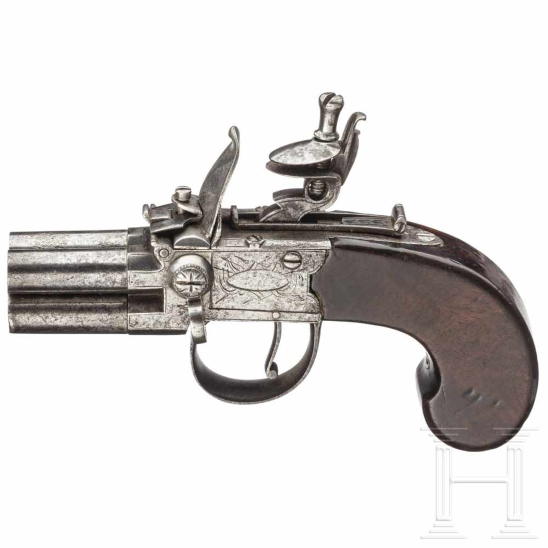 An English four-barreled box-lock pistol, circa 1800Four turn-off barrels in calibre 7 mm. Flintlock - Bild 2 aus 4