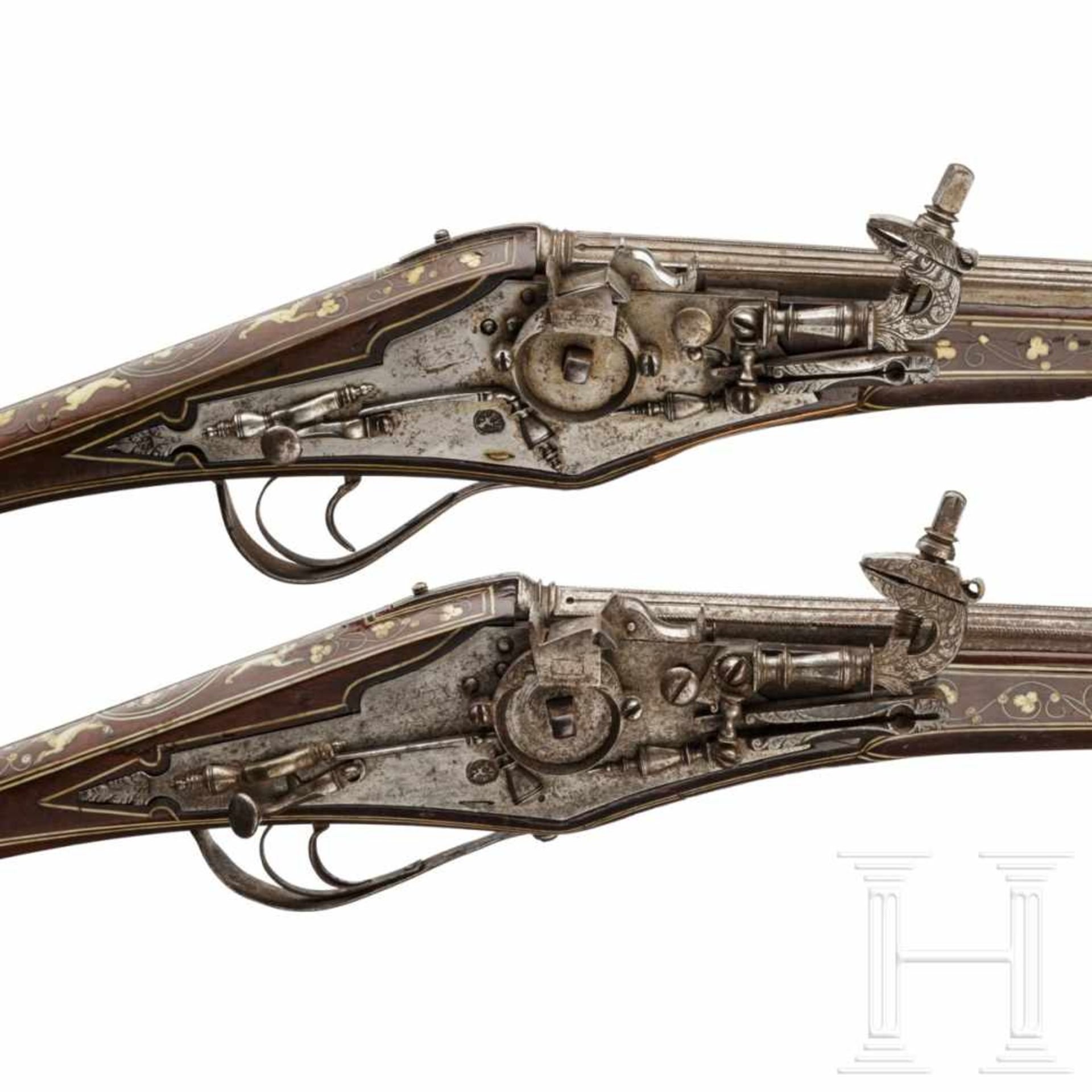 A pair of bone-inlaid, extremely long wheellock pistols, Nuremberg, circa 1600The long, round, - Bild 5 aus 9