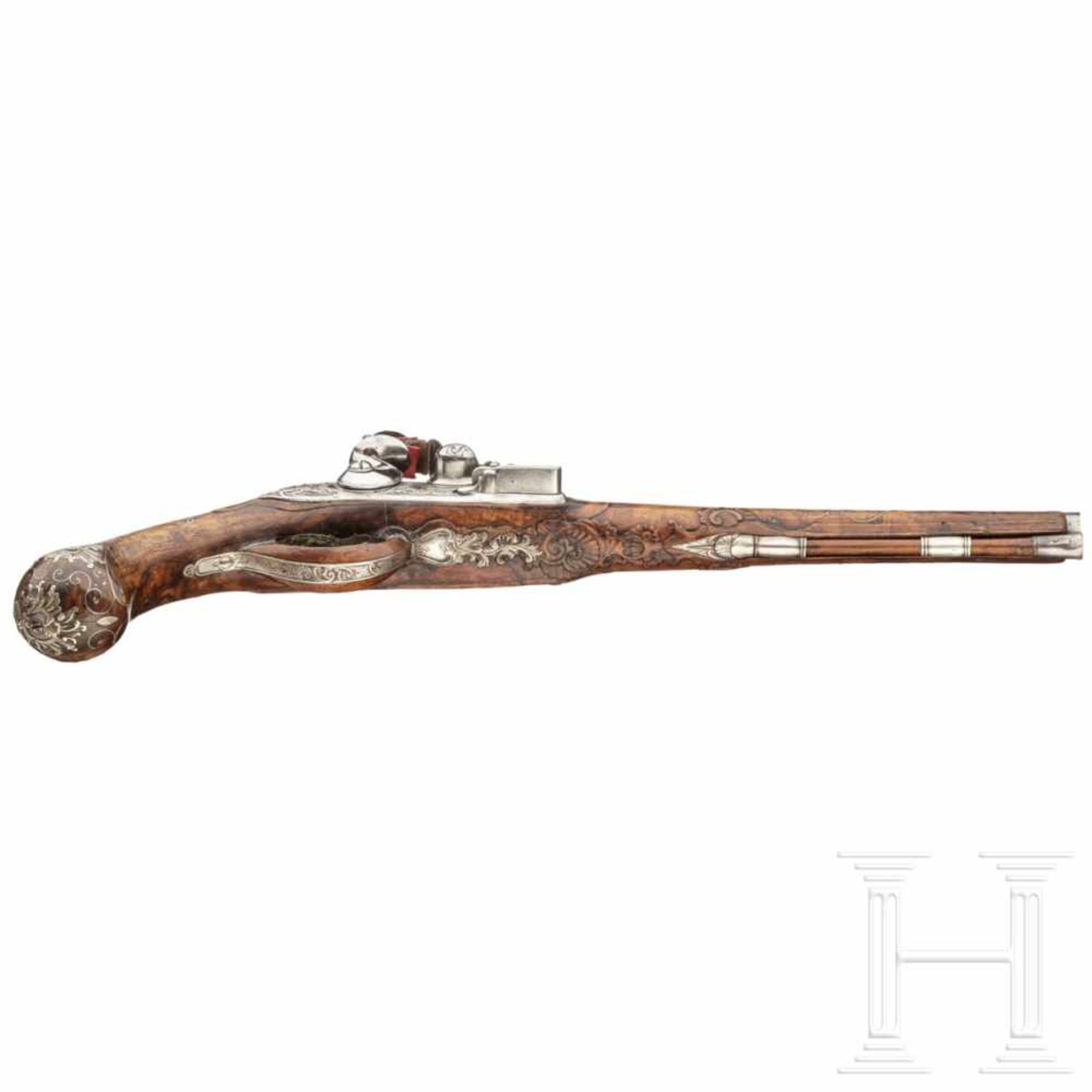 A silver-mounted flintlock pistol, Leopold Becher of Karlsbad, circa 1730Two-stage, smooth-bore - Bild 4 aus 7