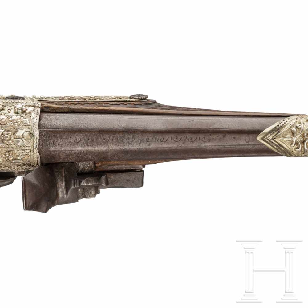 A Balkan Turkish silver-mounted flintlock pistol, circa 1800Smooth barrel in 15 mm calibre with an - Image 6 of 6