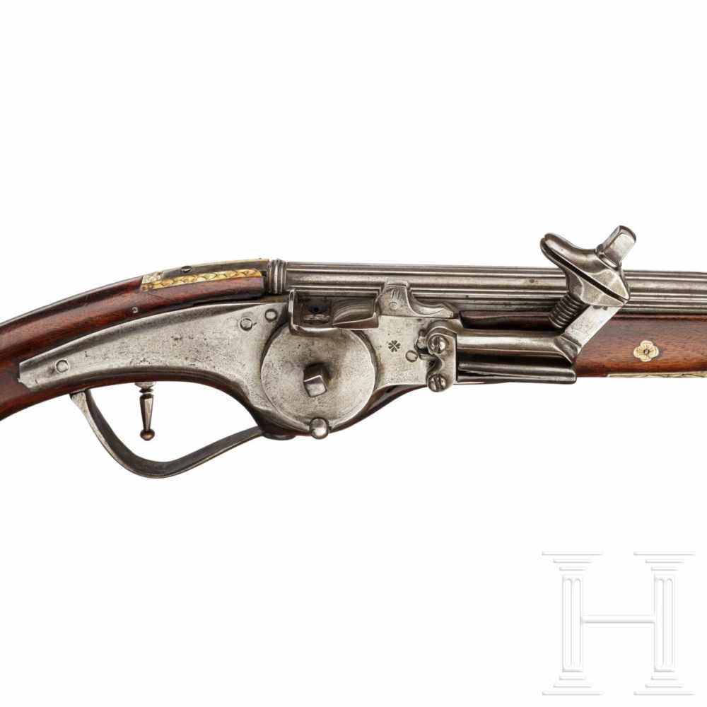 A long German wheellock pistol with a chiselled barrel, circa 1630The long, smooth barrel with - Image 4 of 8