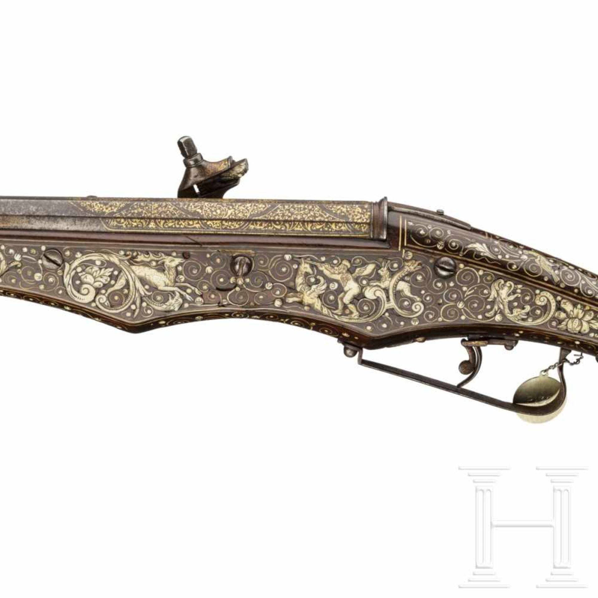 A rare, South German wheellock pistol for two superimposed loads, with inlays in gold and bone, - Bild 6 aus 11
