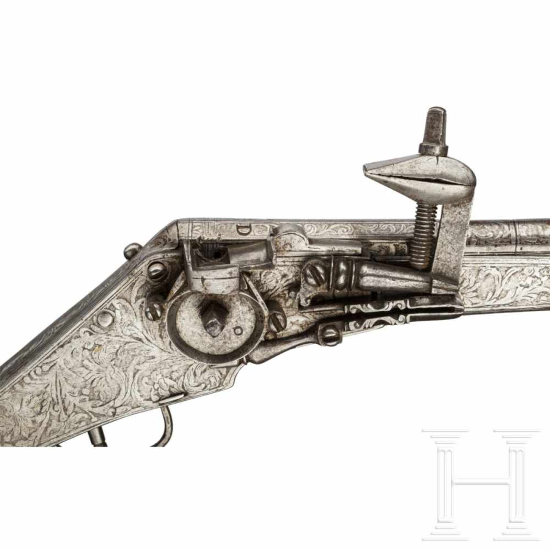 A rare, etched, all-metal wheellock pistol, Peter Danner, Nuremberg, circa 1580Octagonal, smooth - Bild 4 aus 7