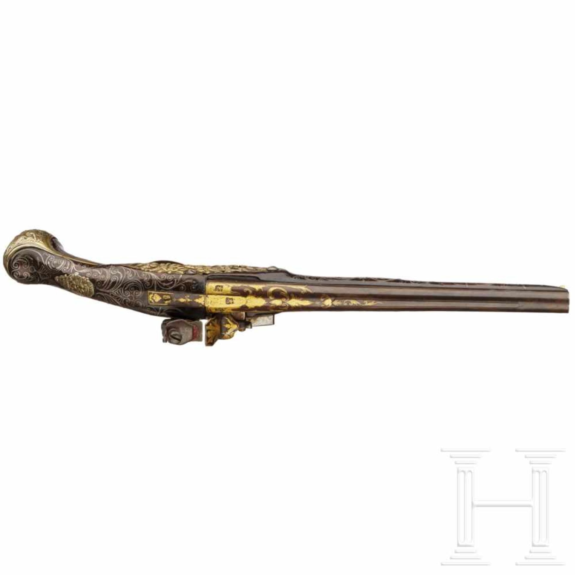 An Ottoman gold-damascened flintlock pistol (Kubur), circa 1800Octagonal to round barrel with smooth - Bild 5 aus 6