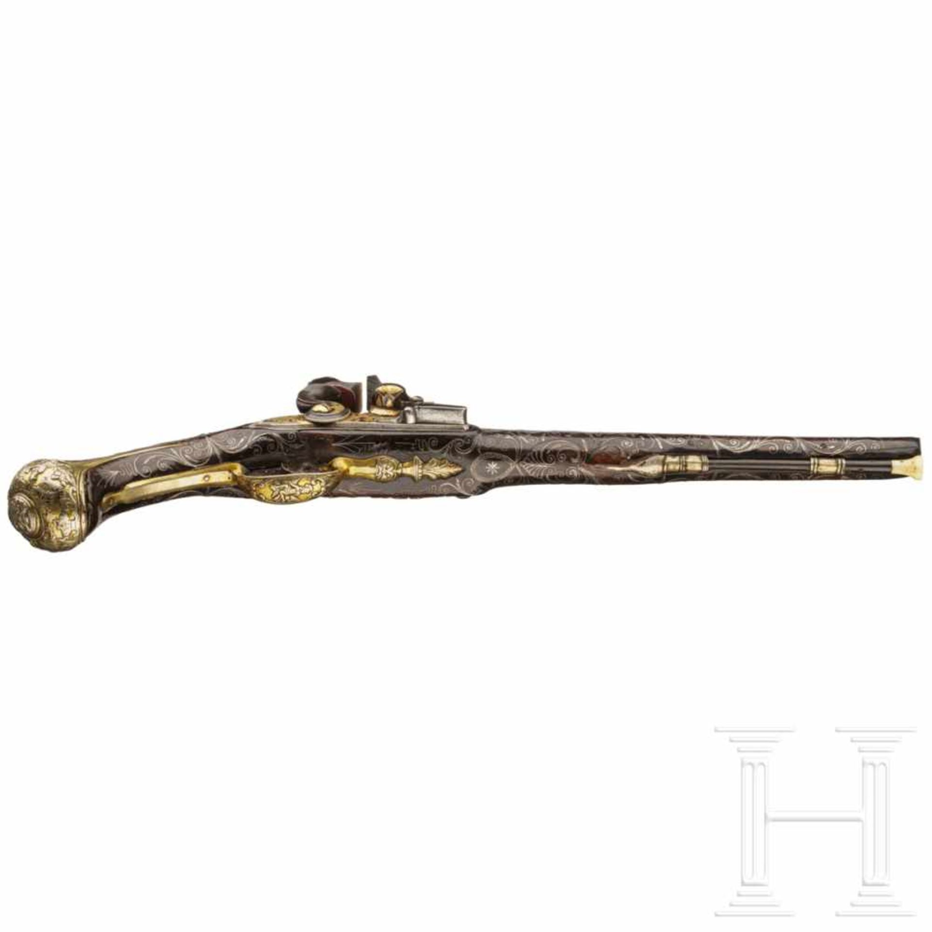 An Ottoman gold-damascened flintlock pistol (Kubur), circa 1800Octagonal to round barrel with smooth - Bild 4 aus 6