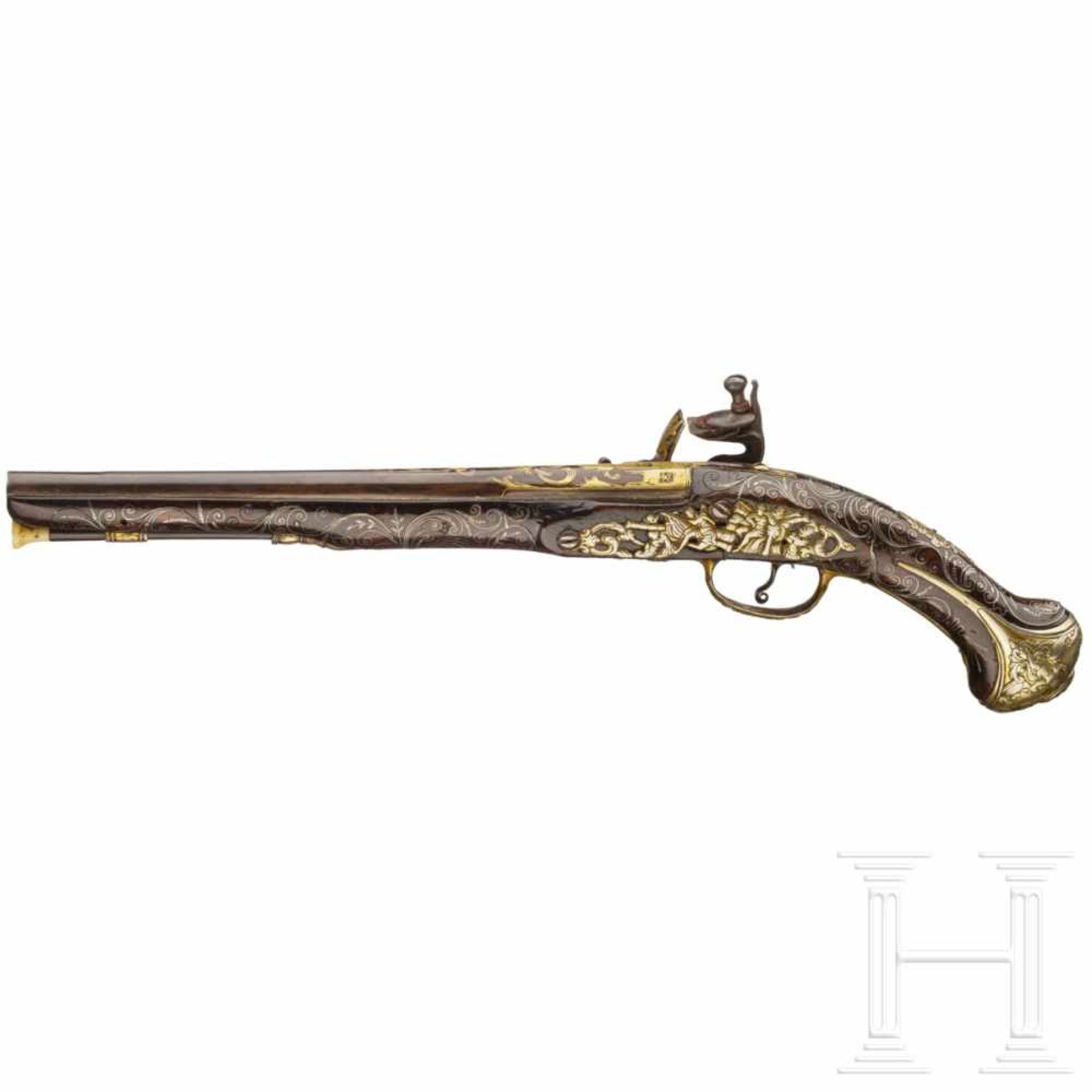 An Ottoman gold-damascened flintlock pistol (Kubur), circa 1800Octagonal to round barrel with smooth - Bild 2 aus 6