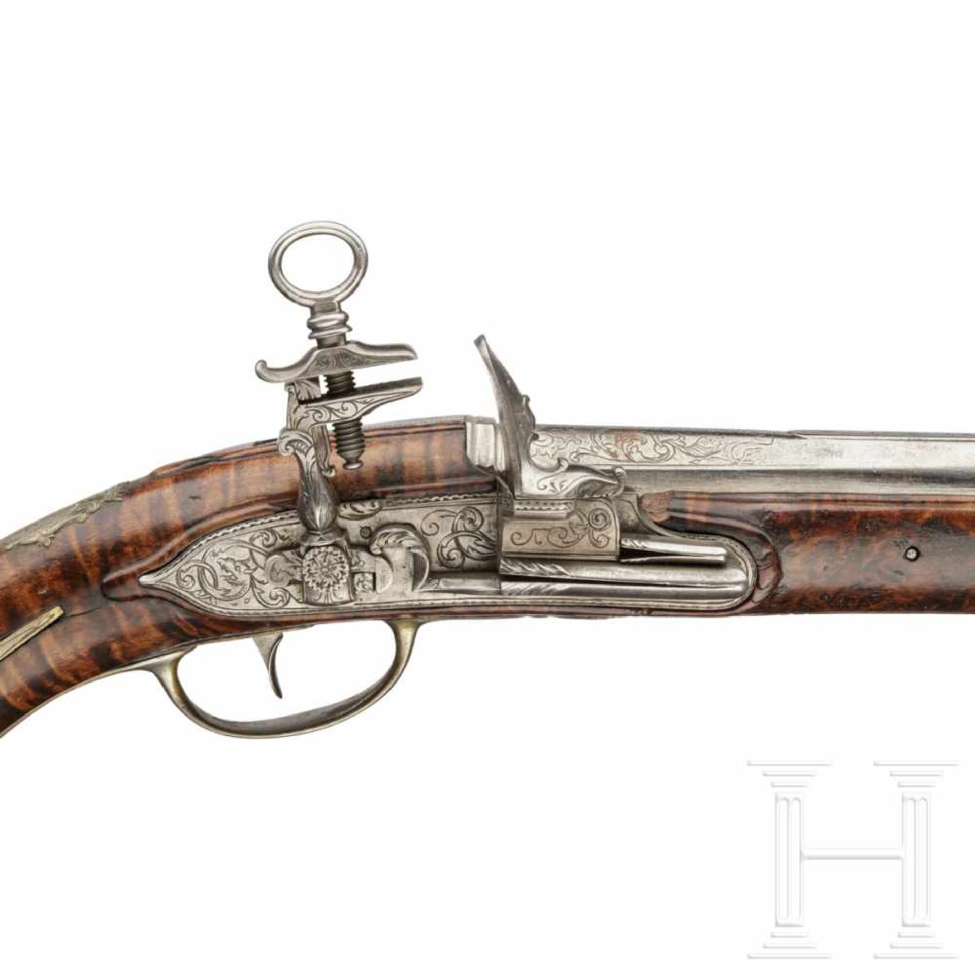 A long Italian Miquelet pistol, ca. 1710Glatter Lauf mit angesenkter Mündung im Kaliber 15 mm, - Bild 3 aus 5