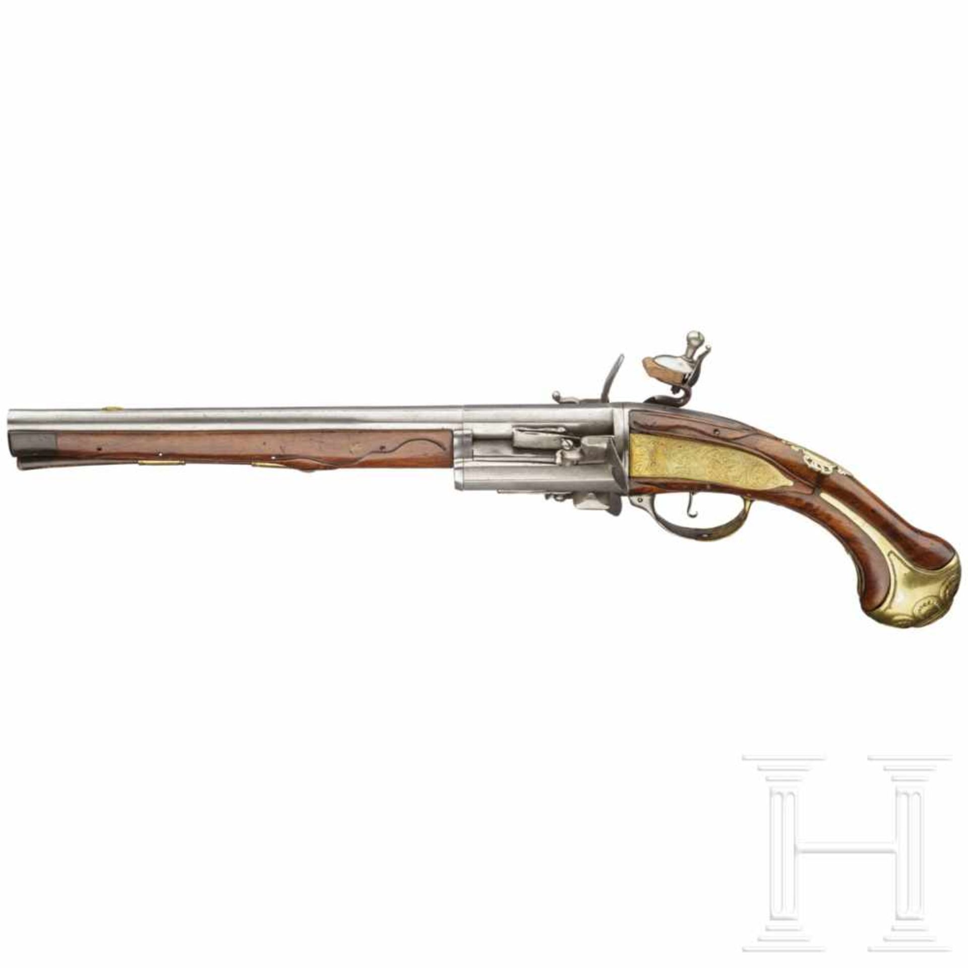 A German/Flemish three-shot revolving flintlock pistol, circa 1730Six-groove rifled barrel (no - Bild 3 aus 8