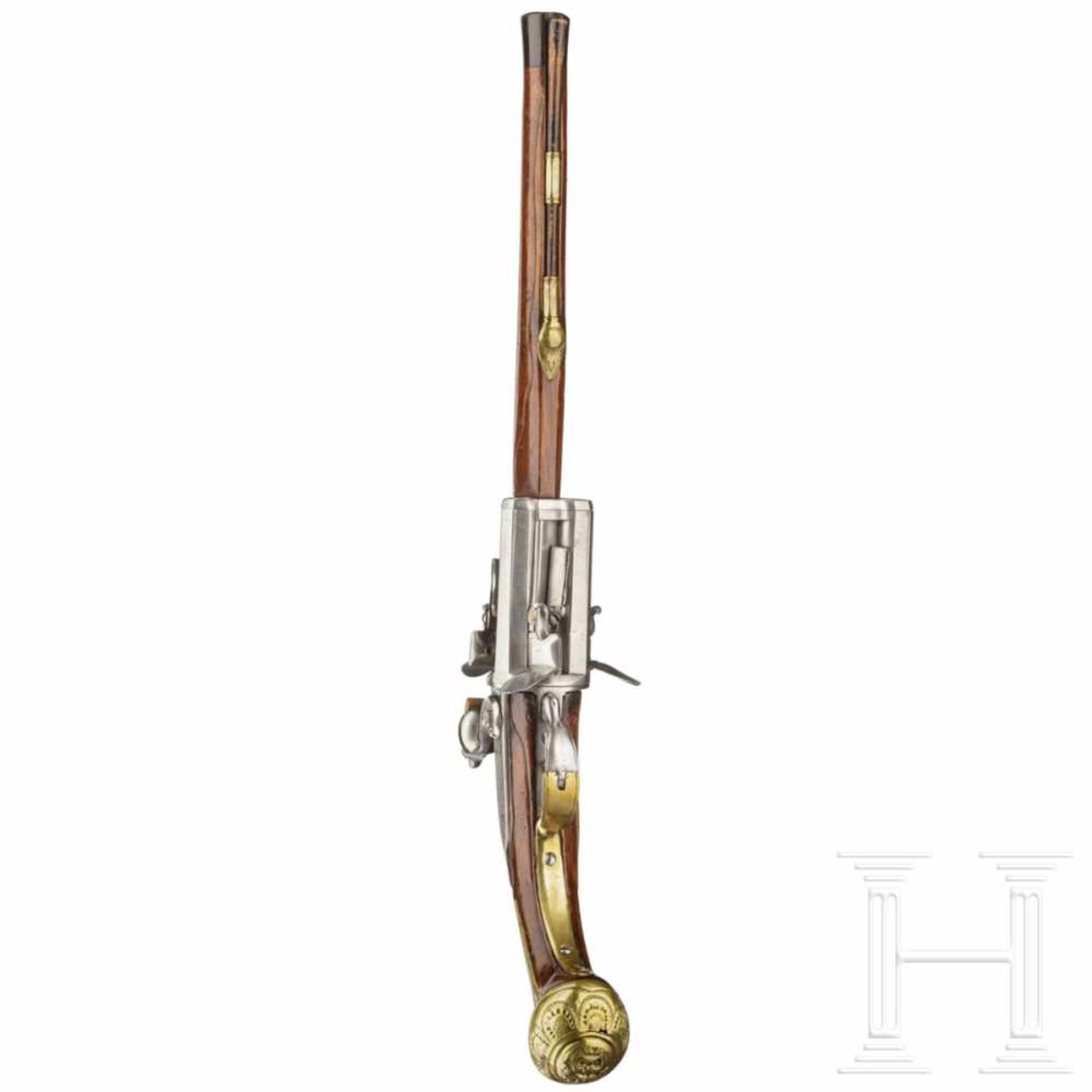 A German/Flemish three-shot revolving flintlock pistol, circa 1730Six-groove rifled barrel (no - Bild 6 aus 8